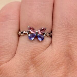 Butterfly Pink Tourmaline and Purple Tanzanite Gemstone Silver Link Ring